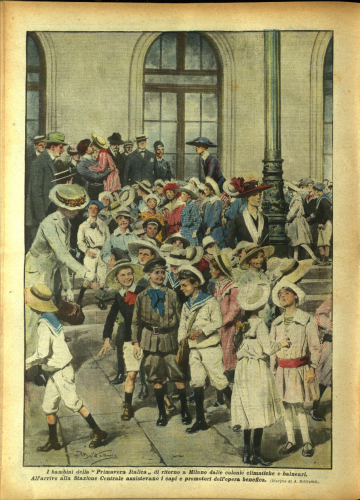 Copertina de «La domenica del corriere», 10-17 agosto 1919, relativa al ritorno dei bambini della Primavera italica di Milano<br>di ritorno in città dopo un soggiorno a Porto Maurizio (Biblioteca di storia moderna e contemporanea)